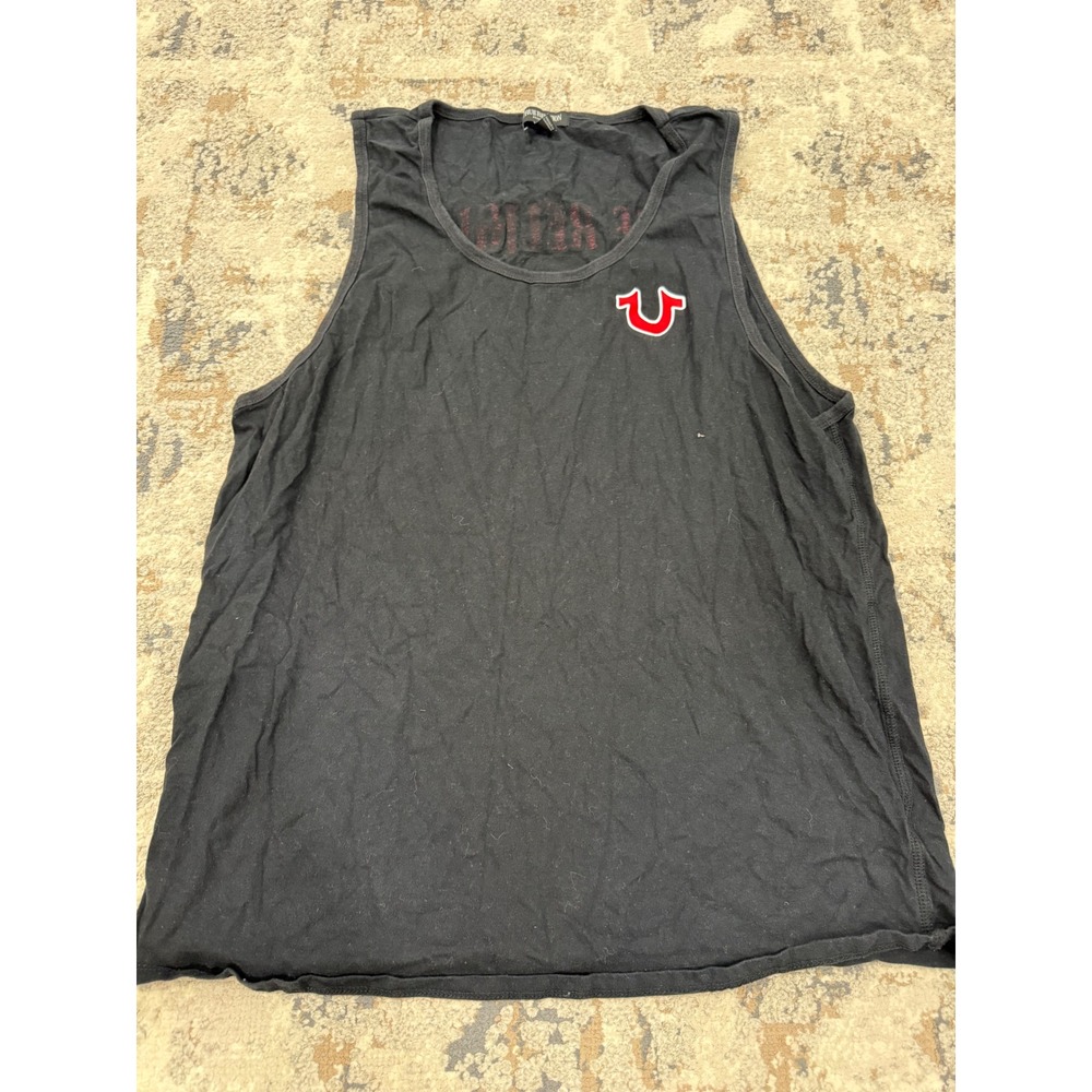 True Religion Mens Black Buddha Guitar Graphic Tank Top Horseshoe Logo XL